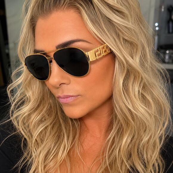 Accessories - Versace VE2289 Gold Aviator Sunglasses Grey Lenses Greca Temple